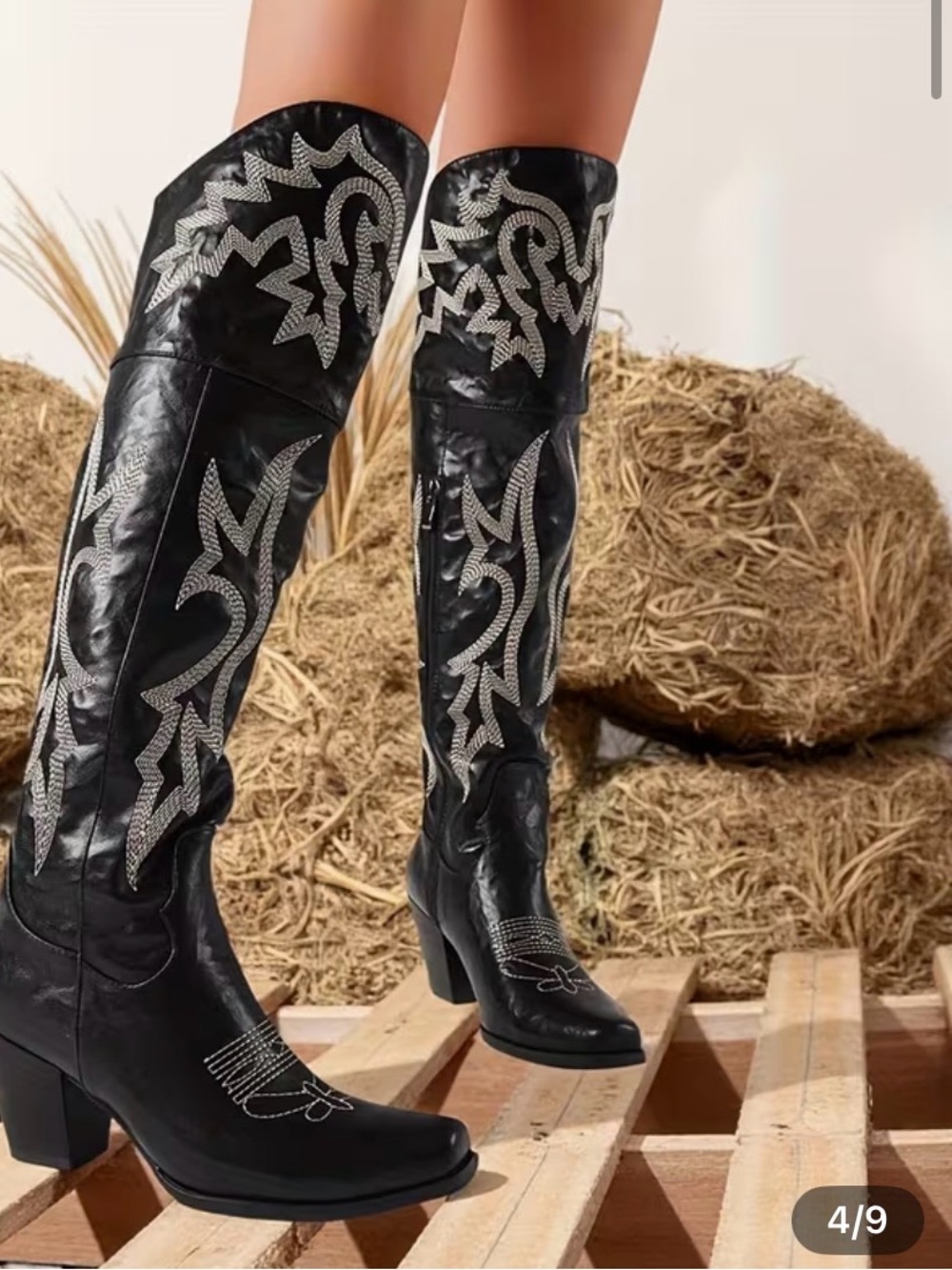 Black Embellished Over-the-Knee Snip Toe Cowgirl Boots BNIB